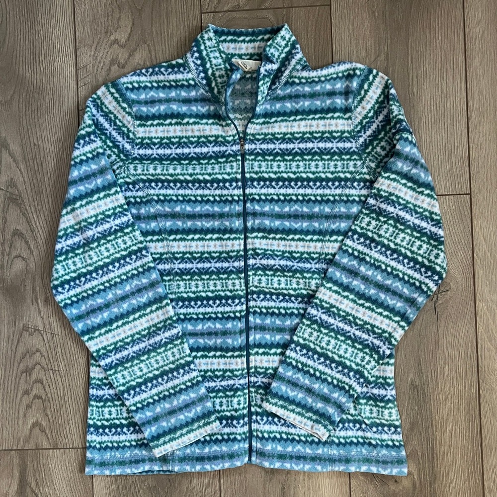 L.L Bean Womens Small Regular Nordic Print Full Zip Up Fleece Jacket‎ Blue Teal